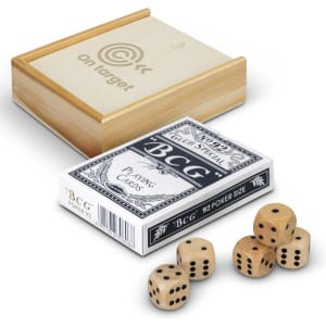 A wooden box containing a deck of playing cards and five wooden dice in natural tones.