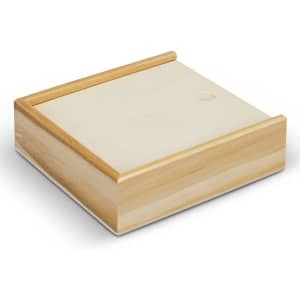 A wooden box in a light finish, square in shape, with a smooth surface and raised edges.