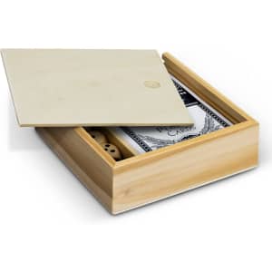 A wooden card game set box, featuring a lid and containing cards and dice. The wood is light in colour.