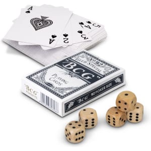 A card game set featuring a pack of playing cards in a box and five wooden dice with black dots.
