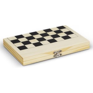A wooden travel chess set with a black and white checkerboard design, featuring a clasp closure.