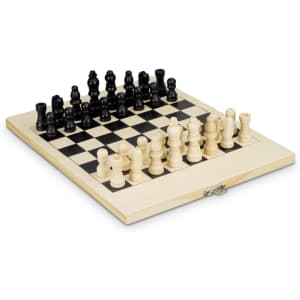 A travel chess set featuring a black and white checkered board with wooden pieces in black and cream. Folding design with a clasp.
