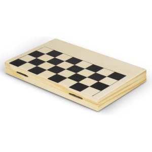 A travel chess set in wood with a light base and dark wooden squares, featuring a hinged design.