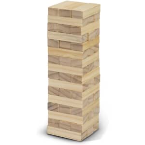 A wooden Mini Tumbling Tower in natural colour, featuring multiple stacked blocks. It has a logo on the base.