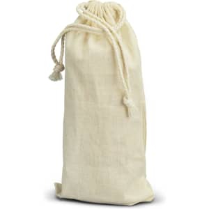A cream-coloured drawstring bag made of fabric, featuring a tied closure at the top.