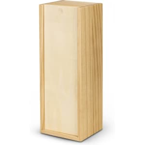 A wooden box with a smooth, natural finish, featuring a simple design and rectangular shape. It has a small hole on top.