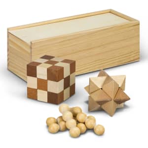 A wooden brain teaser set featuring various puzzles and a storage box, in light and dark wood tones.