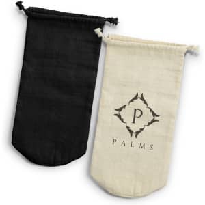 A drink bottle gift bag in black and cream cotton, featuring a logo on the cream bag.
