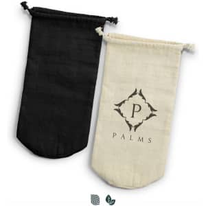A drink bottle gift bag in black and cream cotton, featuring a logo on the cream bag.