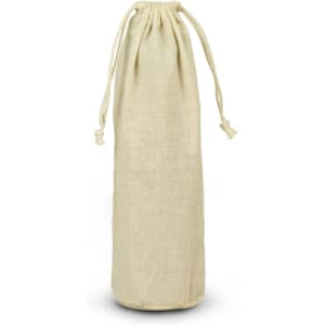 A drink bottle gift bag in a light beige colour, crafted from cotton with a drawstring closure. It features a logo.
