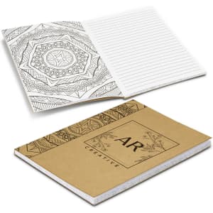A mindfulness notebook with a patterned cover in brown and a white interior featuring lined and mandala pages.