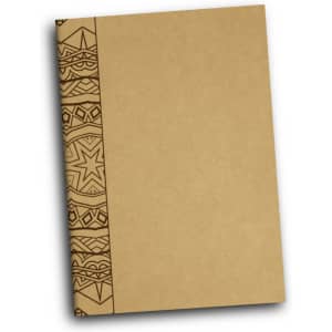 A brown notebook featuring a decorative patterned spine, perfect for jotting down notes or ideas.