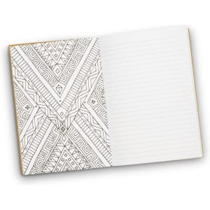 A mindfulness notebook featuring a patterned design on the left page and lined pages on the right. It has a simple cover.
