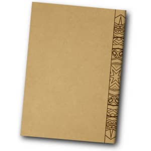 A brown notebook with a decorative patterned spine. It features a simple and minimalist design.
