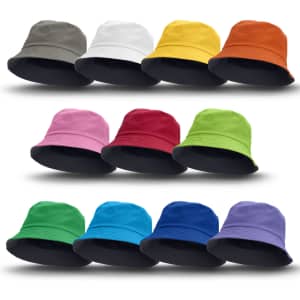 A collection of reversible bucket hats in various colours including grey, white, orange, yellow, pink, red, green, and blue, featuring a black brim.