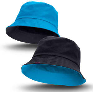 A reversible bucket hat featuring a vibrant blue side and a classic black side, with a logo on one side.