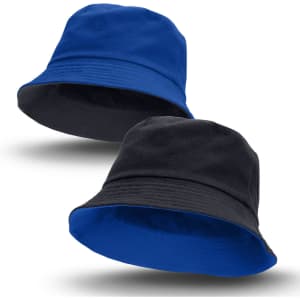 A reversible bucket hat featuring blue on one side and black on the other, with a logo visible on the fabric.