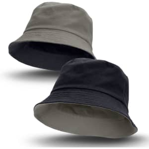 A reversible bucket hat featuring grey on one side and black on the other, with an inner logo.