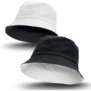 Reversible bucket hat featuring black on one side and white on the other, with a logo on both sides.