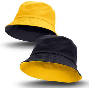 A reversible bucket hat featuring yellow and black colours, with a simple logo on one side.