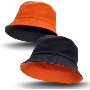 A reversible bucket hat featuring orange on one side and black on the other, with a brand logo present.
