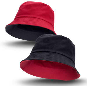 A reversible bucket hat featuring red and black colours, with a logo on one side.