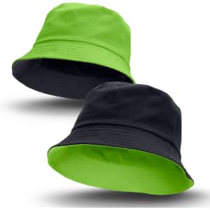 A reversible bucket hat featuring lime green and black colours, with a logo present on the design.