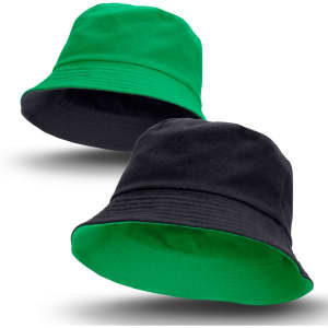 A reversible bucket hat featuring green on one side and black on the other, with a simple logo.