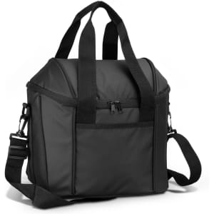A cooler bag in black with a zippered front pocket and dual carrying handles, featuring an adjustable shoulder strap.