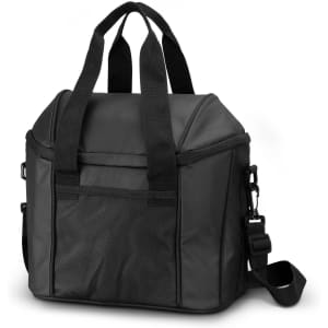 A black cooler bag with double handles and a detachable shoulder strap, featuring a mesh pocket on the front.