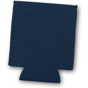 A navy drink bottle cooler with a bottom cut-out and stitched edges. It includes branding.