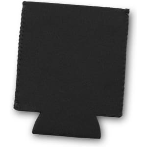 A black stubby cooler with a stitched design and a tab for easy grip. It features a logo on one side.