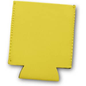 A yellow stubby cooler with a snug fit design and a cut-out at the base. It features a logo.