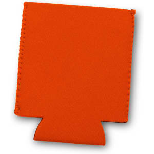 An orange stubby cooler with a bottom flap and stitched edges, designed to hold a drink bottle.