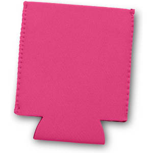 A pink stubby cooler with a shaped base and stitched edges, featuring a logo on one side.