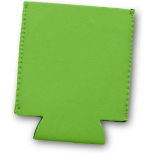 A green stubby cooler with stitched edges and a fold-out base, featuring a branding logo.