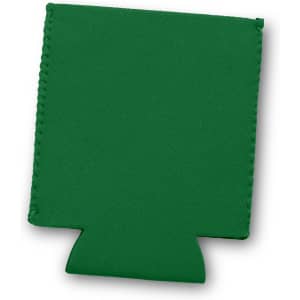 A green stubby cooler with a flat design and a base for beverage bottles. It features a stitched edge and has a logo.