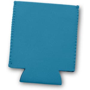 A drink bottle cooler in teal with stitched edges and a base cut-out, featuring a logo.