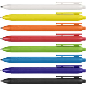 A variety of pens in white, yellow, orange, red, green, blue, purple, and black, featuring logos on some.