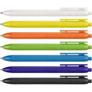 A collection of plastic pens in white, yellow, orange, green, blue, purple, and black, featuring a textured grip and clip.