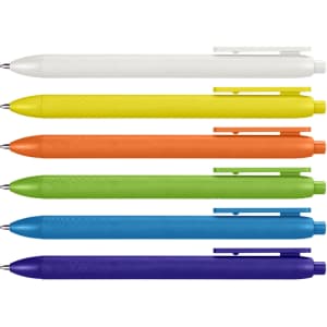 A collection of plastic pens in white, yellow, orange, green, and purple, with clips and textured grips.