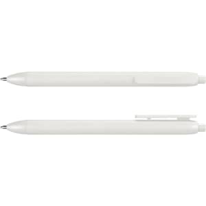 A white PLA pen lies horizontally, showcasing its sleek design and textured grip, with a clip on top.