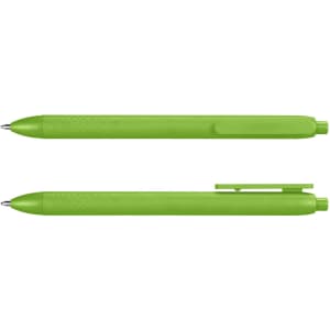 A green pen with a textured grip and a clip. The pen has a sleek design and a branding logo on it.