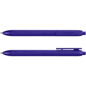 A purple pen with a textured grip and a clip, featuring a sleek design and a branding logo.