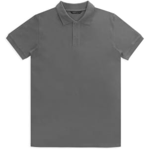 A grey polo shirt featuring a collar and three-button placket, complete with a logo on the side.