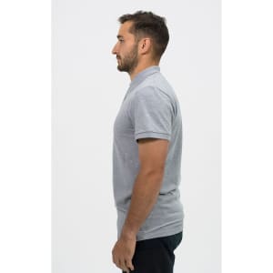 A grey polo shirt for men, featuring a collar and a side view display. The shirt has a logo on it.