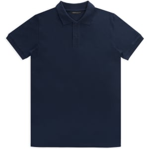 A navy blue men's polo shirt with a collar and three buttons, featuring a logo on the chest.