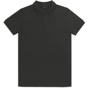 A black polo shirt features a classic collar and short sleeves, with a subtle logo on the chest.