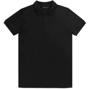 A black polo shirt featuring a collar and short sleeves, with a logo on the chest.