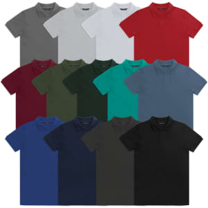 A collection of TRENDSWEAR Carter men's polo shirts in various colours, including grey, white, red, and navy. Each shirt features a logo.